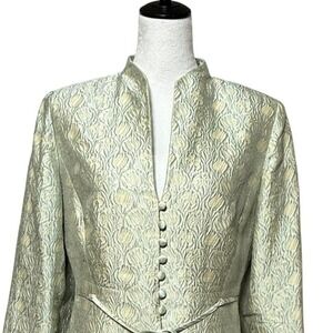 Vintage Talbots Blazer Women 10 Green Silk Jacquard Mandarin Collar Jacket